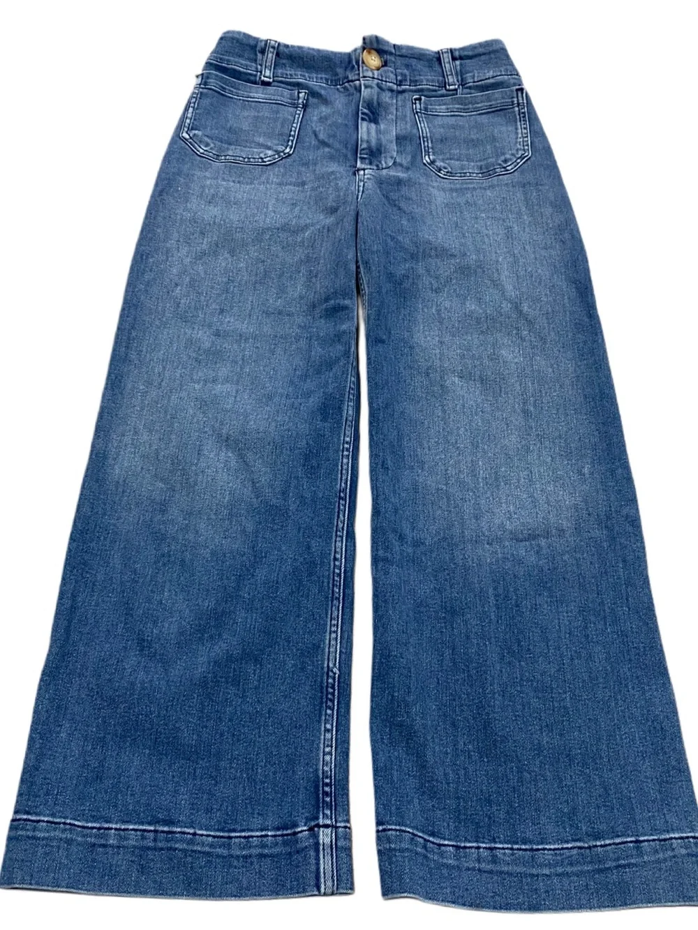 Maeve Anthropologie The Colette Wide Leg Crop Jeans Blue Patch Pocket Size 26 - Picture 2 of 11